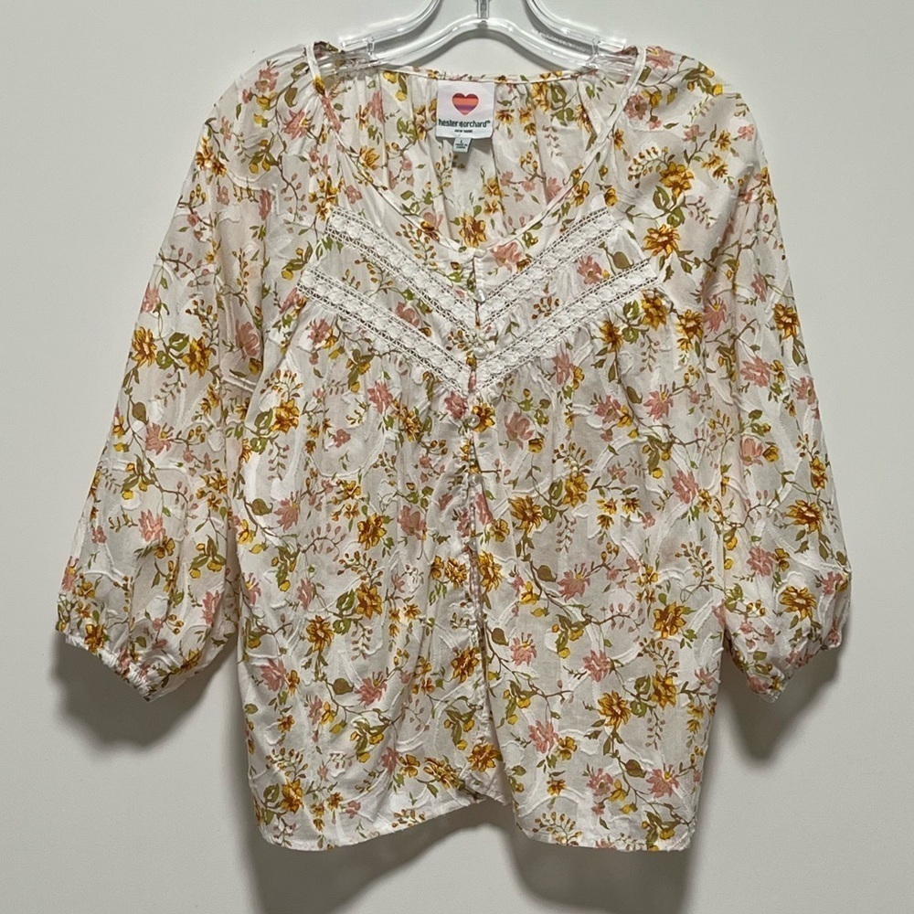 Floral Peasant Blouse - Cream with Mustard Print - Picture 8 of 10
